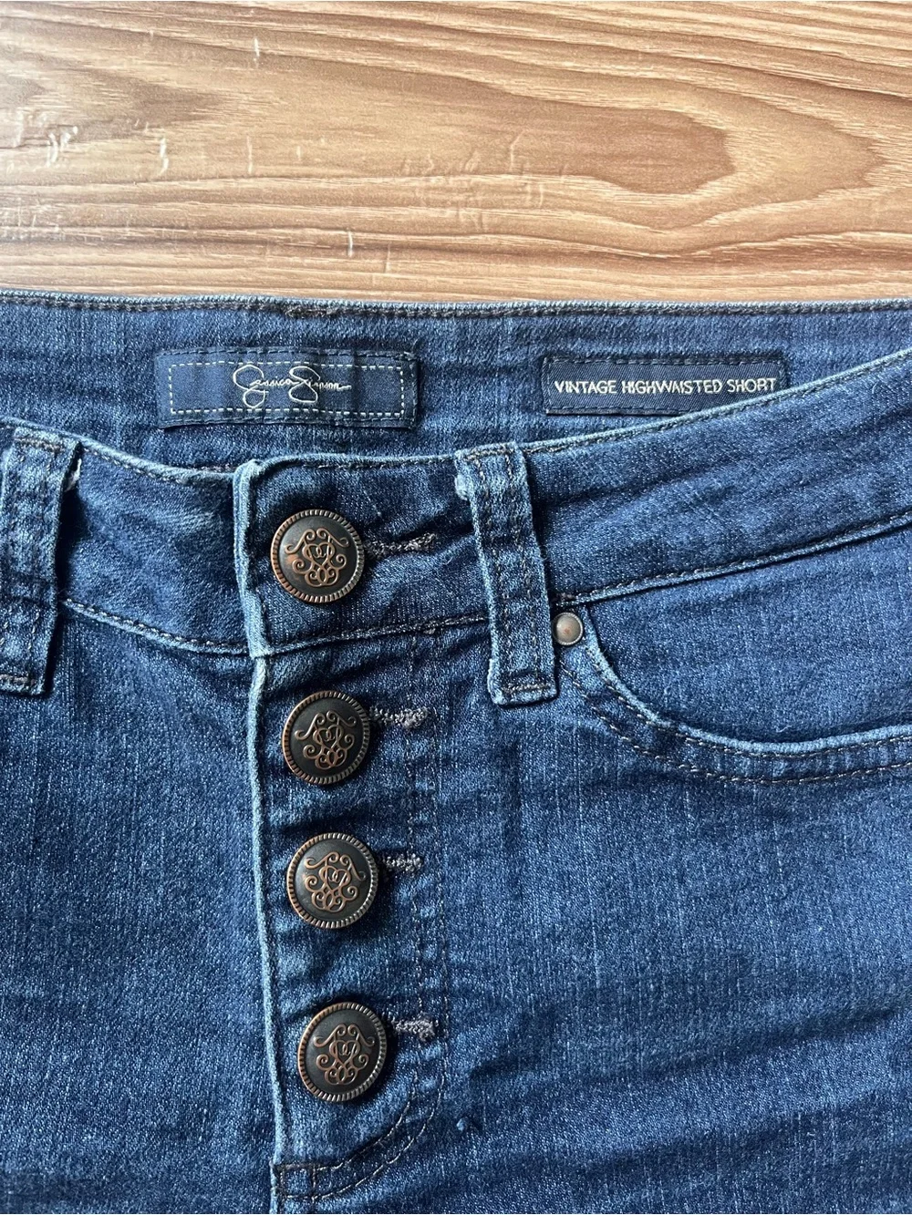 Jessica Simpson High-Rise Dark Blue Denim Shorts with Button Front